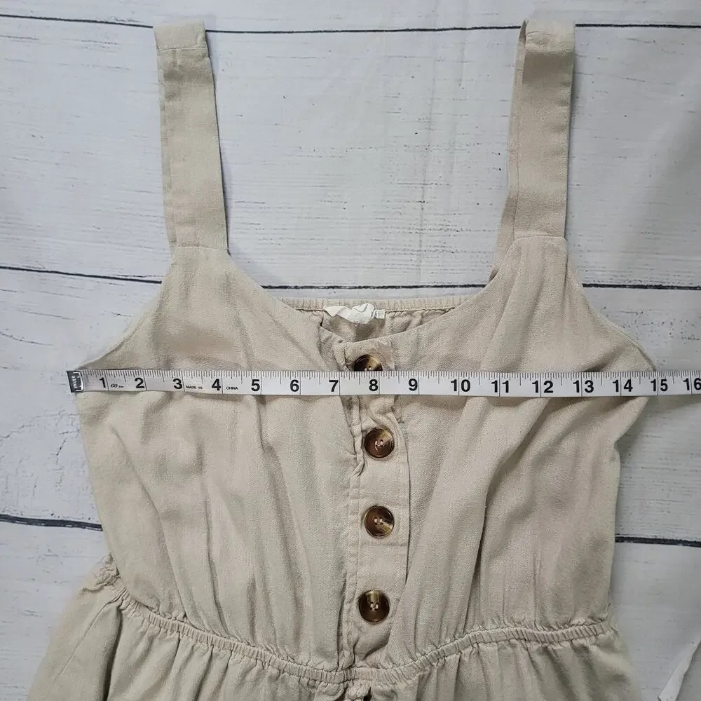 Mine‎ Size L Carlen Romper Raw Hem Beige Sleeveless Shorts Buttons Causal